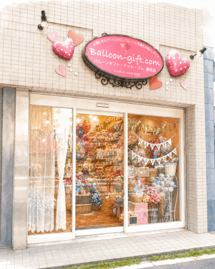 バルーンギフトドットコム東京店の外観です。大きな看板が目を引きます。