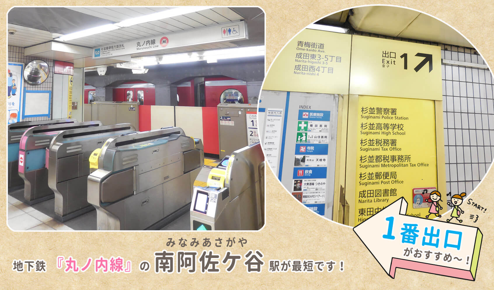 東京店の行き方１：最寄り駅は丸ノ内線南阿佐ケ谷駅です。１番出口から出るとスムーズ。