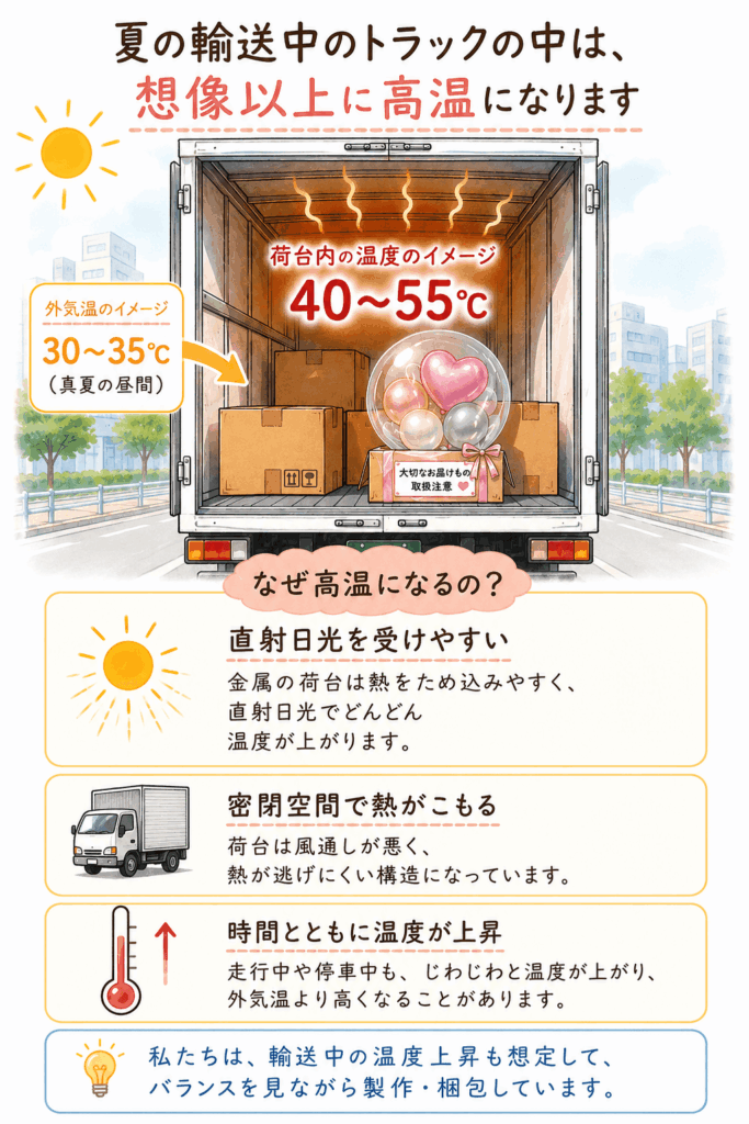 夏の輸送中のトラックのなかは想像以上に高温になります。バルーンへどんな影響があるかを解説します