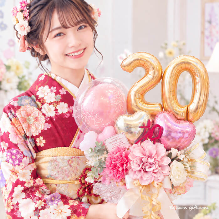成人式・二十歳のお祝い 数字20のローズゴールドとゴールドの卓上バルーンアレンジ