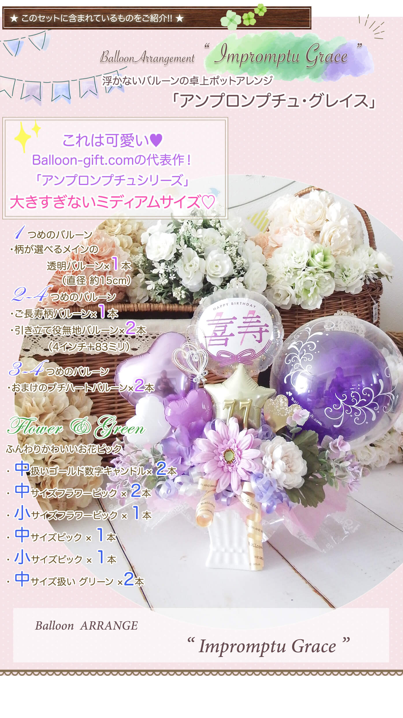アンプロンプチュ・グレイスに含まれているバルーン・数字キャンドル・お花