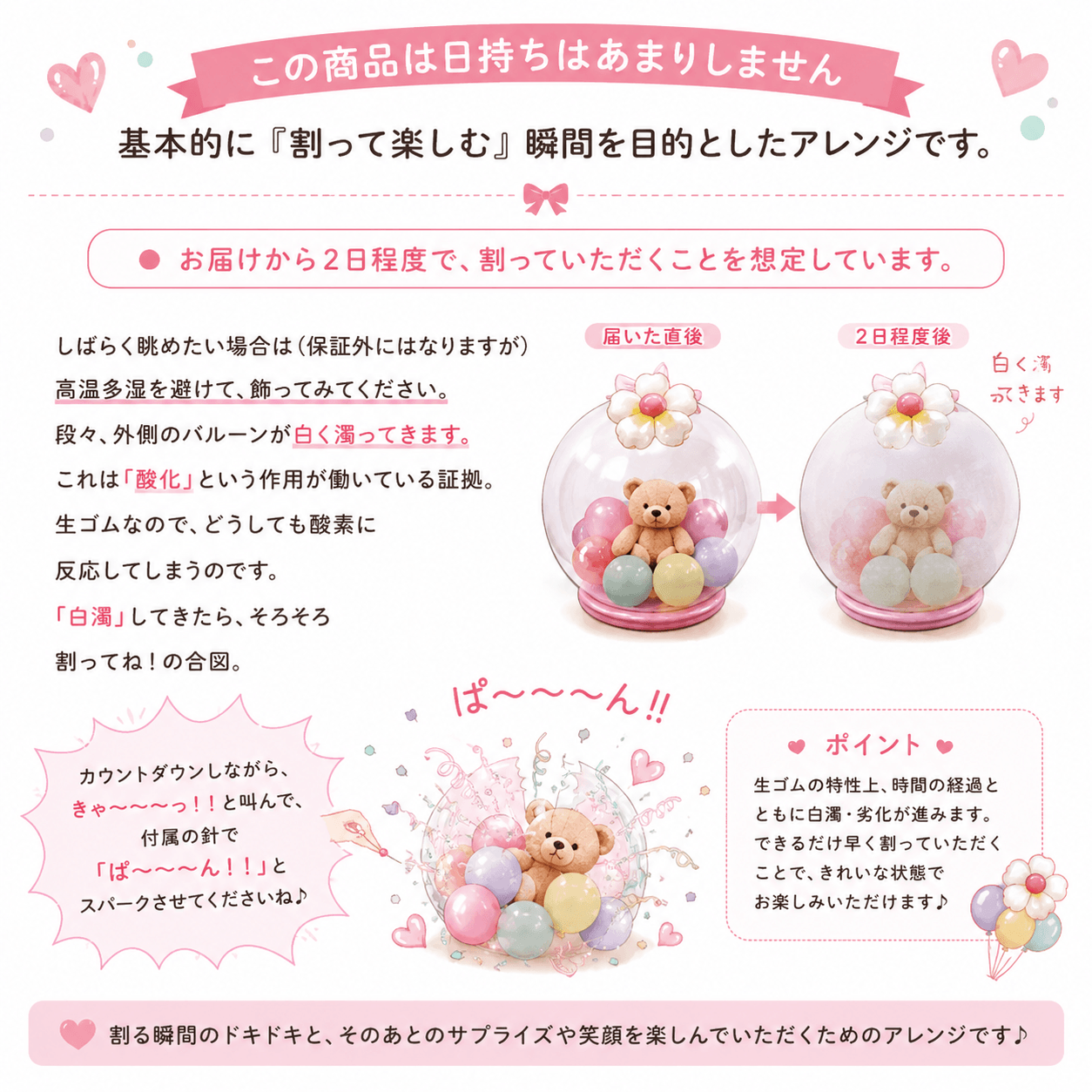くす玉バルーンラッピング白濁するので数日の日持ちです