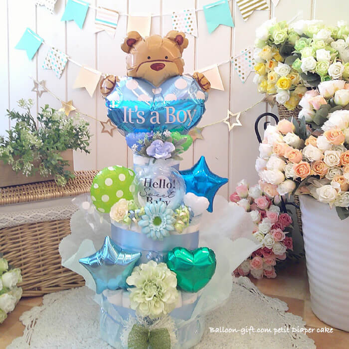 ブルーグリーン系 3段タイプの豪華なおむつケーキ 出産祝いギフトイメージ