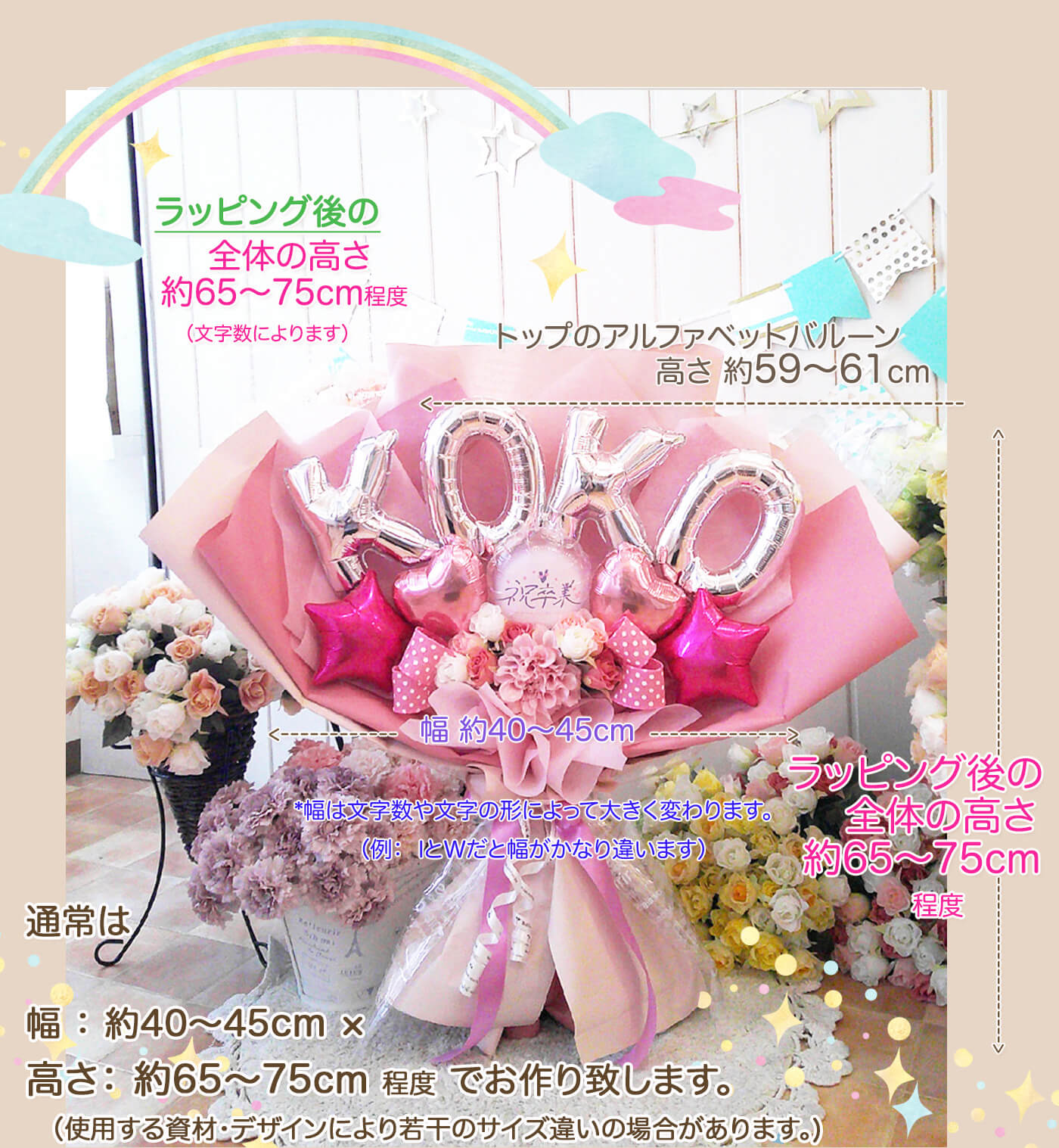 このバルーンギフトの詳しいサイズ感PCでも