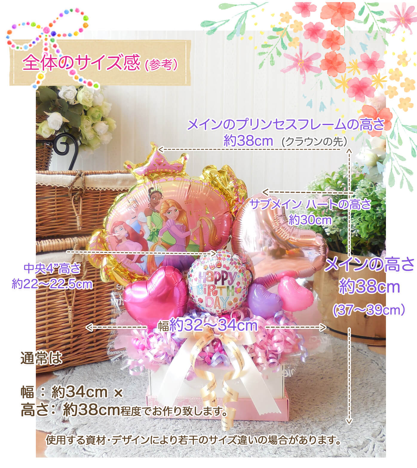 このバルーンギフトの詳しいサイズ感PCのみ