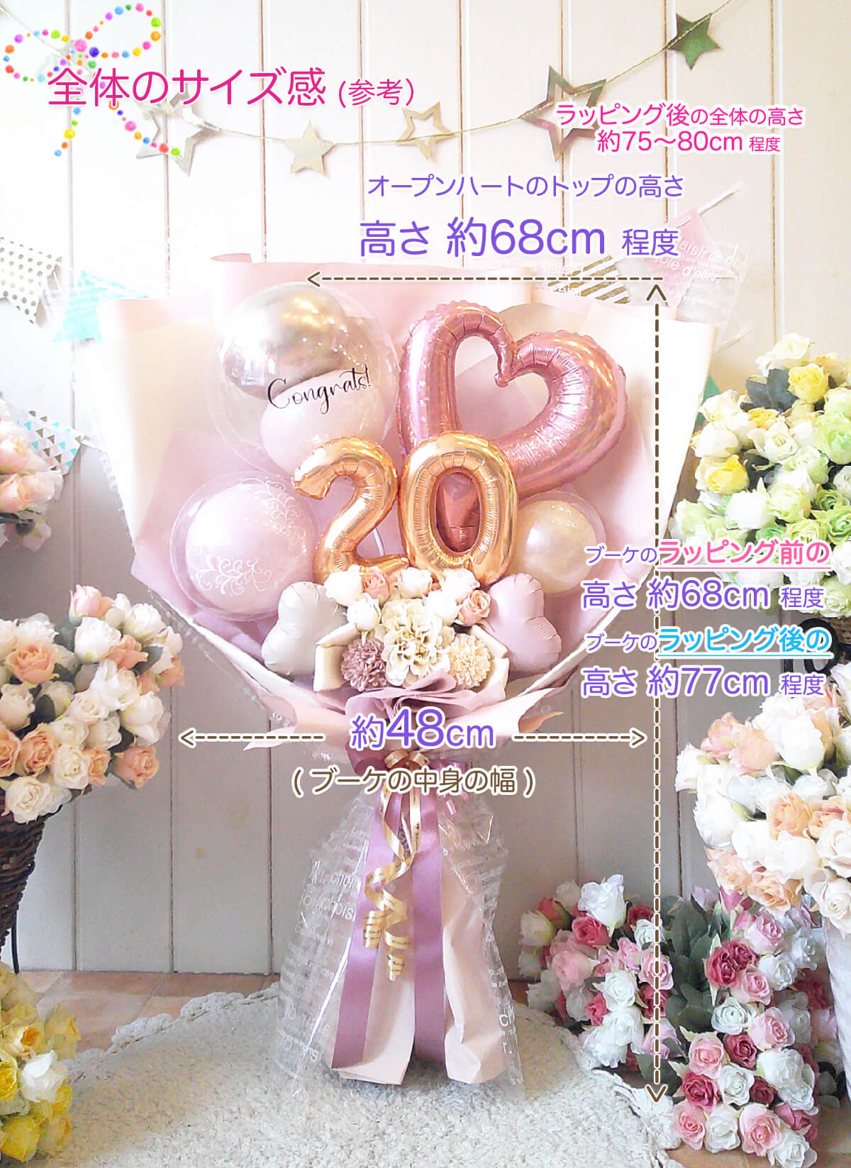 このバルーンギフトの詳しいサイズ感PCでも