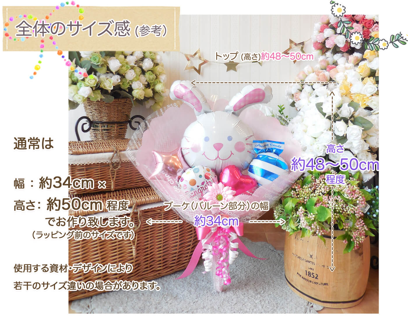 このバルーンギフトの詳しいサイズ感PCでも
