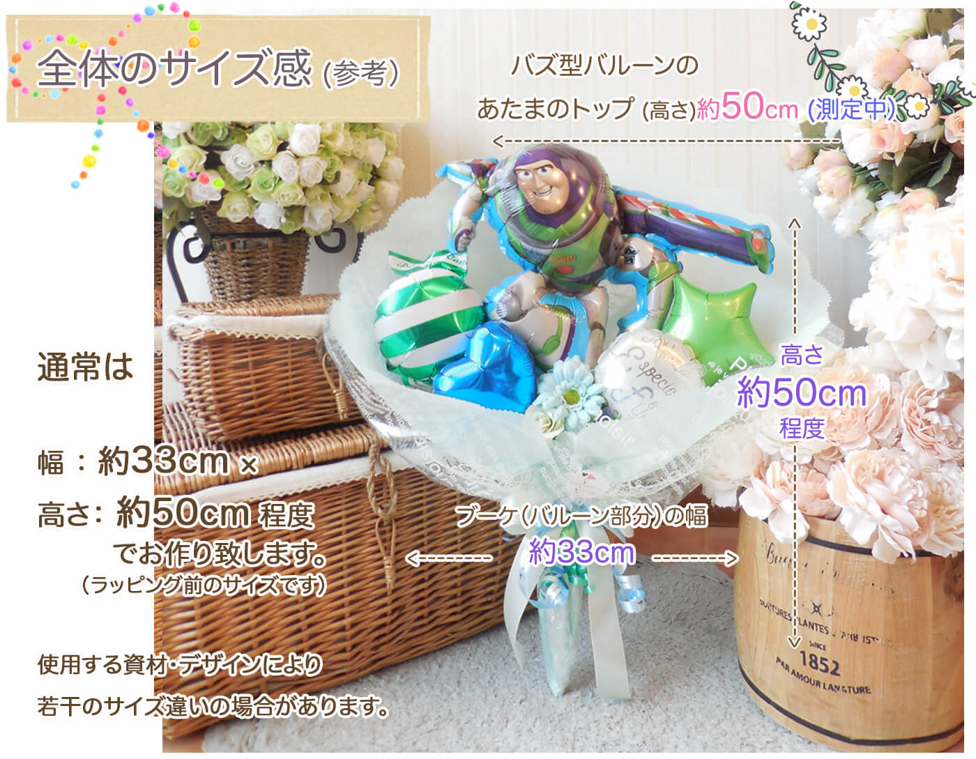 このバルーンギフトの詳しいサイズ感PCでも