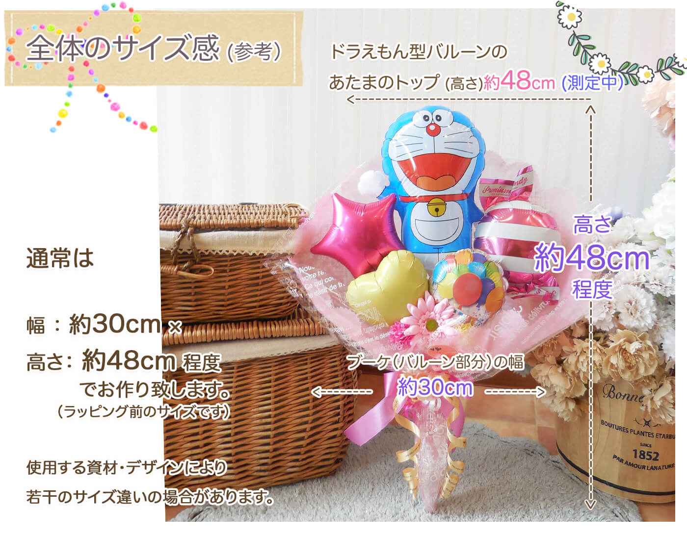 このバルーンギフトの詳しいサイズ感PCでも