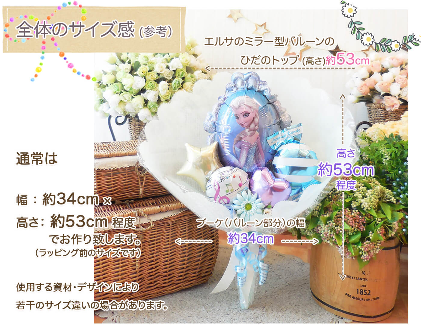 このバルーンギフトの詳しいサイズ感PCでも