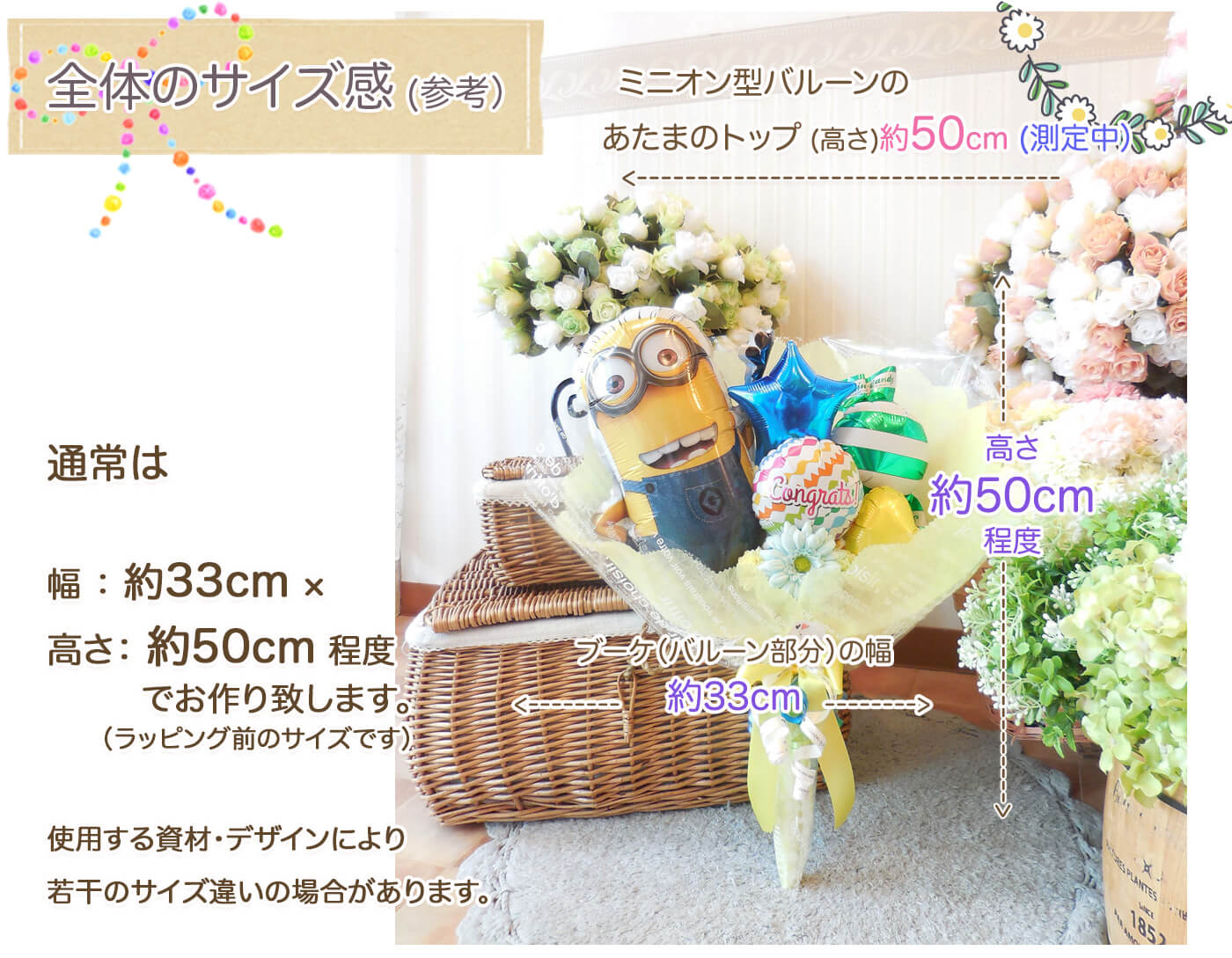 このバルーンギフトの詳しいサイズ感PCでも