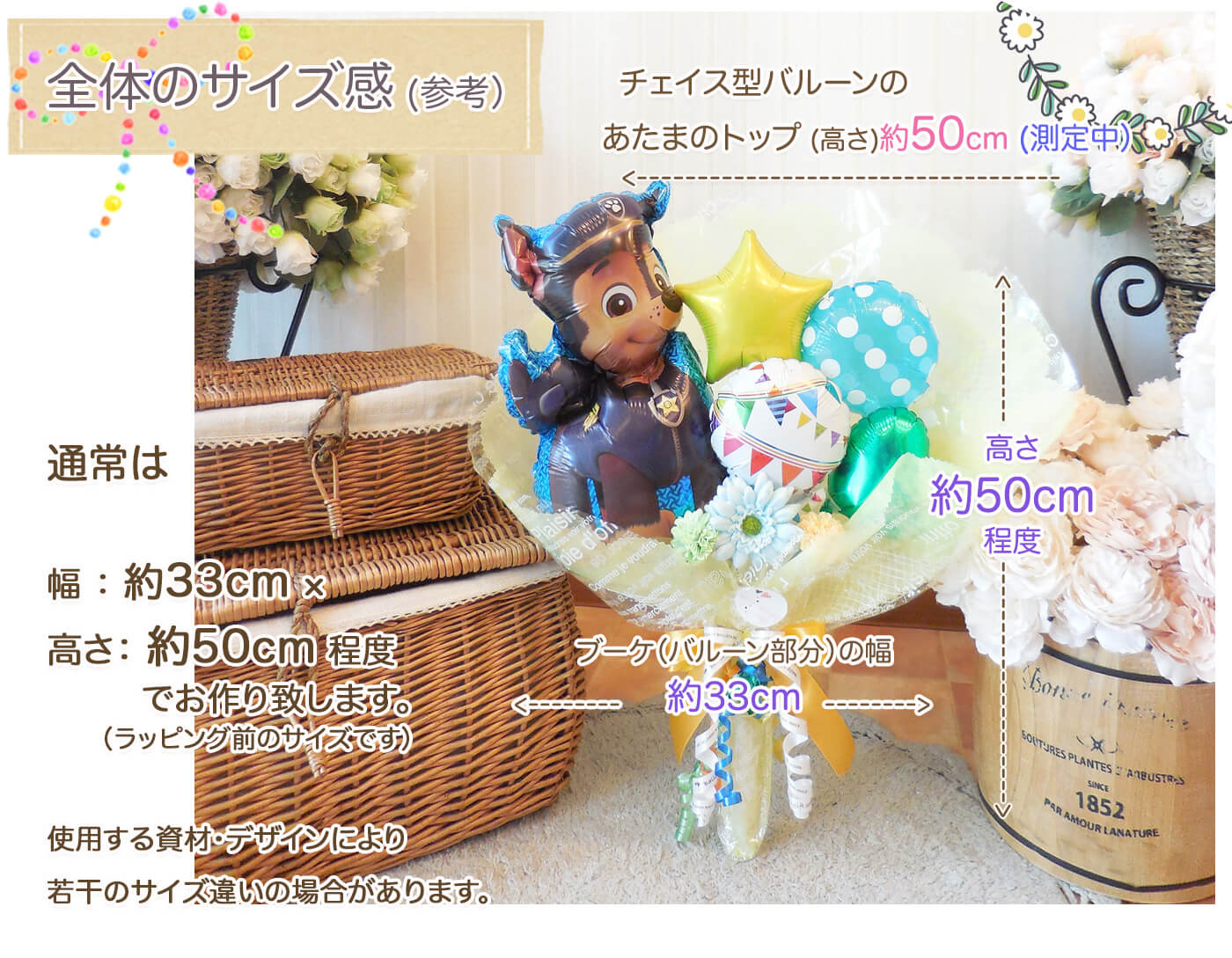 このバルーンギフトの詳しいサイズ感PCでも