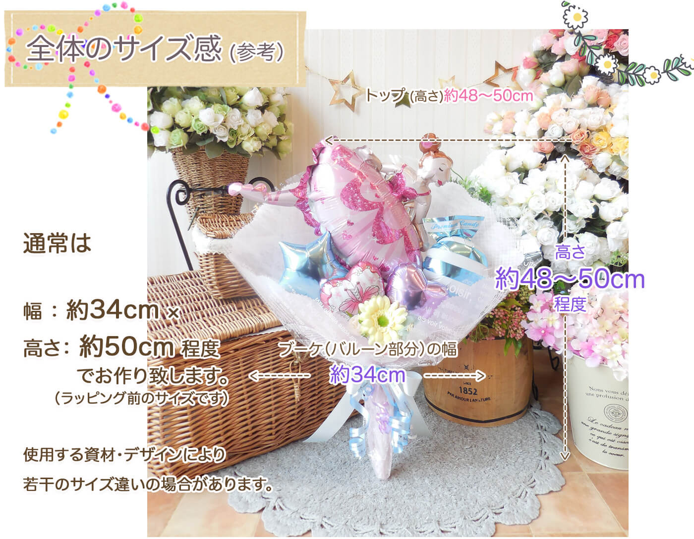 このバルーンギフトの詳しいサイズ感PCでも