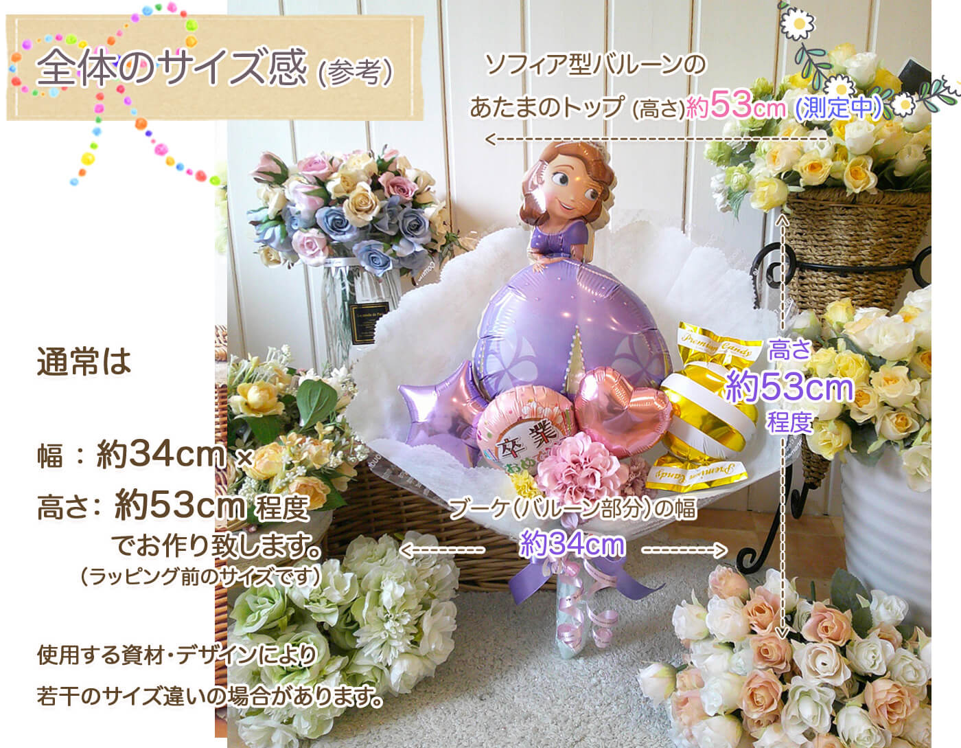 このバルーンギフトの詳しいサイズ感PCでも
